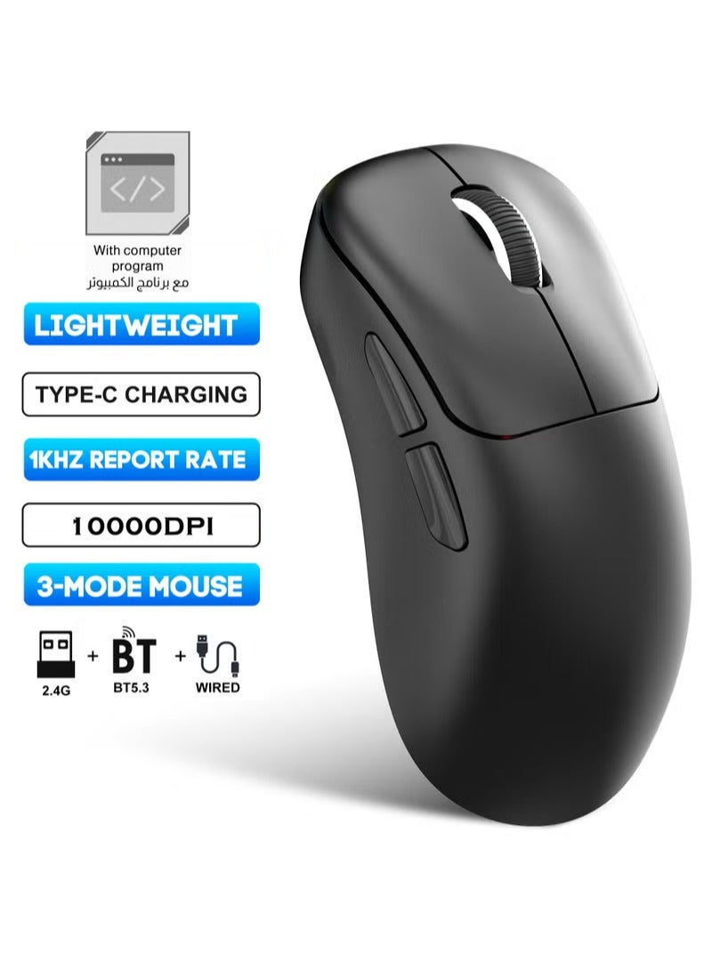 Wireless Gaming Mouse,Superlight 49g Tri-Mode Bluetooth/2.4G/Wired Mouse,Optical Sensor Adjustable 10000 DPI, Ergonomic Design BT5.3 Rechargeable Gaming Mice for PC/Mac/Laptop,Black